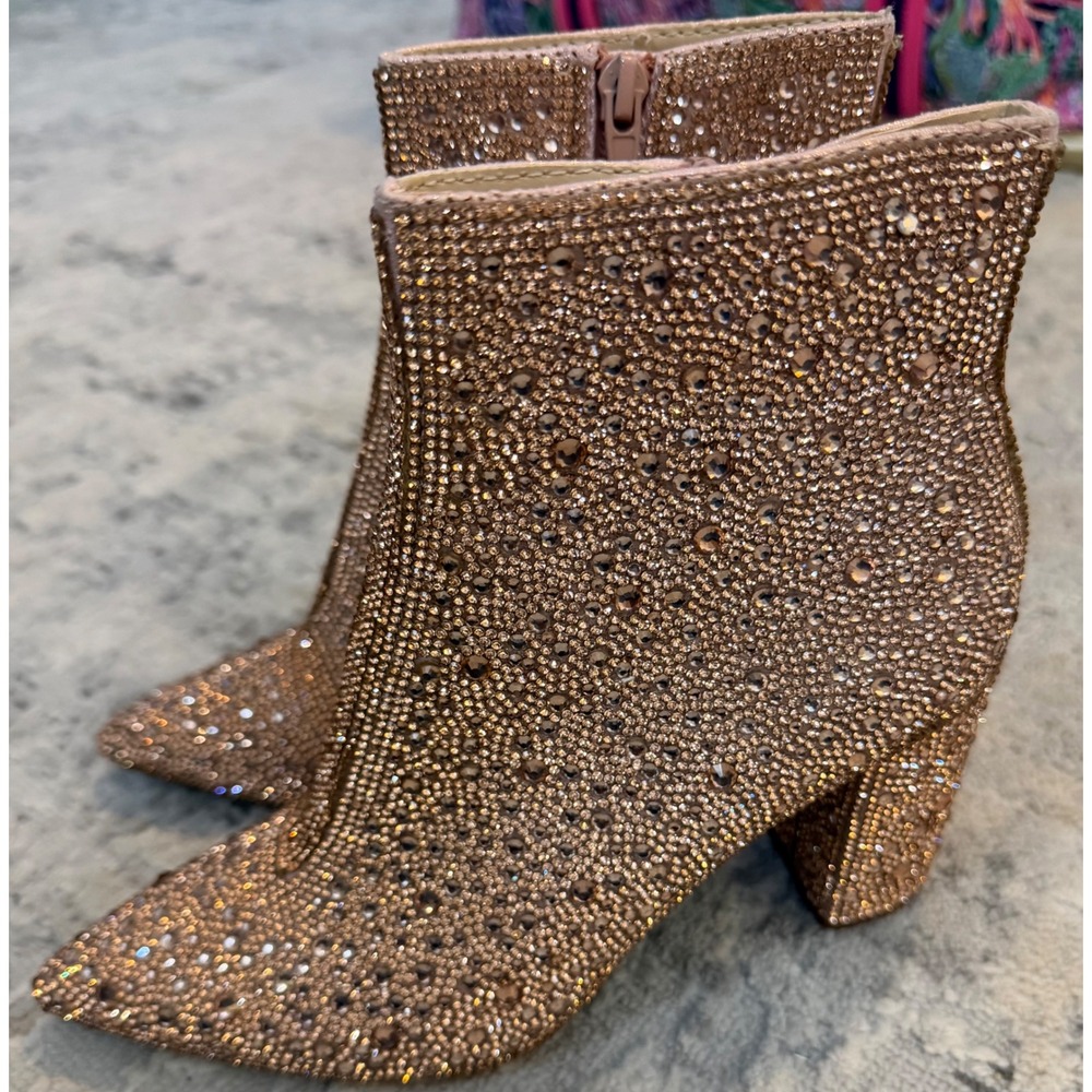 Betsey Johnson SB-Cady Rose Gold Rhinestone Pointed Toe Block Heel Booties 5M
